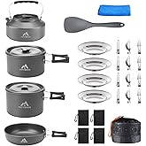 THTYBROS 27pcs Camping Cookware Mess Kit for 2-4 People, Portable Cookware Set with Kettle, Pots & Pans, Stainless Steel Utensils, Plates, Dishware for Backpacking, Picnic, Outdoor Adventures