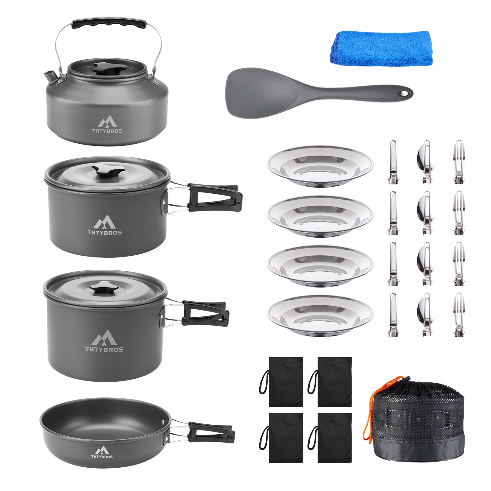 27pcs Camping Cooking set for 2-4 People, Portable Cookware Set with Kettle, Pots & Pans, Stainless Steel Utensils, Plates, Dishware for Backpacking, Picnic, Outdoor Adventures