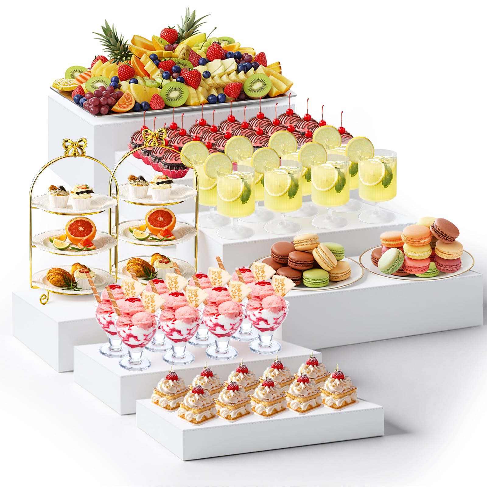 Photo 1 of Leinuosen 7 Pcs Extra Large Buffet Risers Set 10" to 16" Rectangle Acrylic Display Box Catering Dessert Table Riser Food Display Decorative Stand with Hollow Bottom for Catering Supplies(White)
