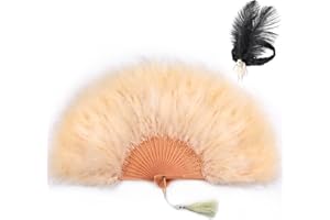 SOGUGOM Champagne Feather Fan with Headband - Burlesque Accessories,Burlesque Marabou Feather Fan,Abanicos De Mano para Fiesta for Clothing Accessories and Wedding Decorations(Champagne)