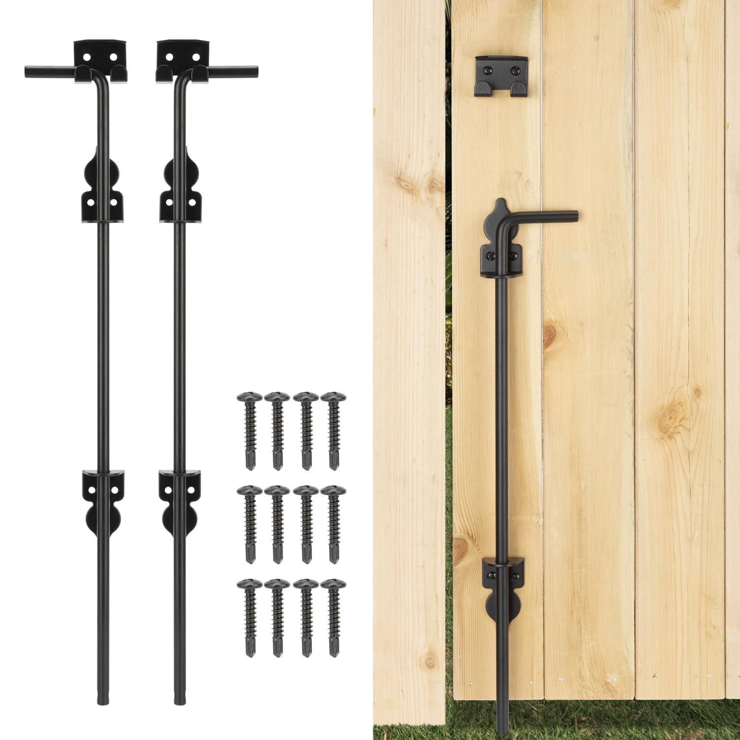 Photo 1 of 18" Cane Bolt Heavy-Duty Drop Rod for Gate, Gate Ground Latch for Wooden Fences Metal Gates Doors, Metal Gates Doors Stopper for Gate Ground, Wrought Iron Gate Latches, Black Finish(2 Pack)