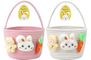 ZIOSINM 2 Pcs Easter Baskets for Kids, Baby Easter Basket for Toddler Boys Girls Per Basket Includes Three Small Plush Dolls and Decorative Card (Pink-White)