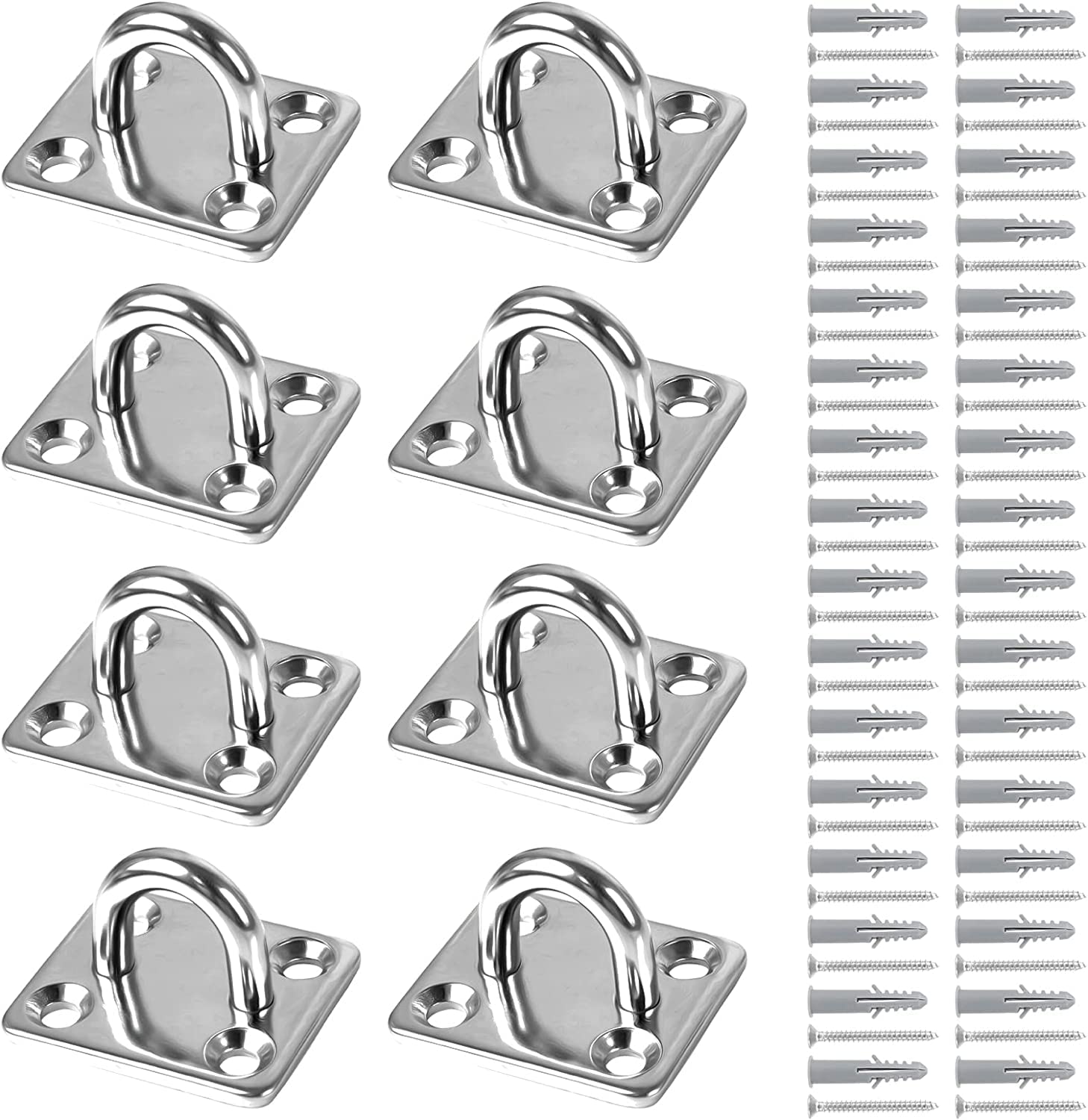 Jubaopen 8 PCS M6 304 Stainless Steel Oblong Pad Eye Plate Marine Staple Hook Loop Hardware Metal Staple Hooks Stainless Steel with 32 Set Screws and Plugs for Swing Hammock Boat Splint