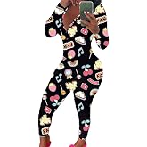 Womens Long Sleeve Button Down One Piece V Neck Bodycon Jumpsuit Pajamas | Soft Stretchy Fabric，Bodycon Tight Fit, Novelty Graphic Sleepwear, Clubwear Nightwear，Sexy Cute Print, Cozy Loungewear