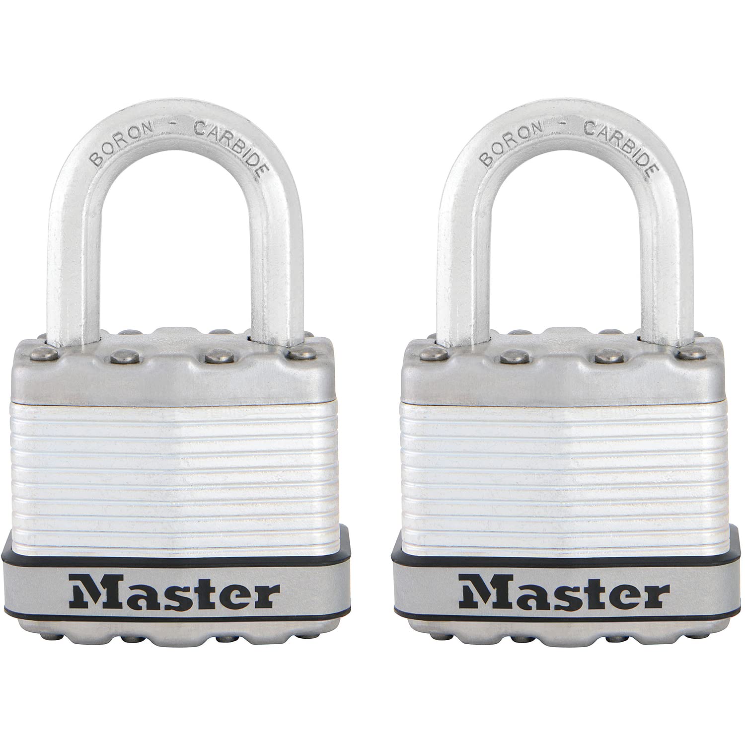 MASTER LOCK Pack of 2 Heavy Duty Padlocks, Security Level 8/10, Outdoor, Keyed, Laminated Steel, Weatherproof, Standard Shackle