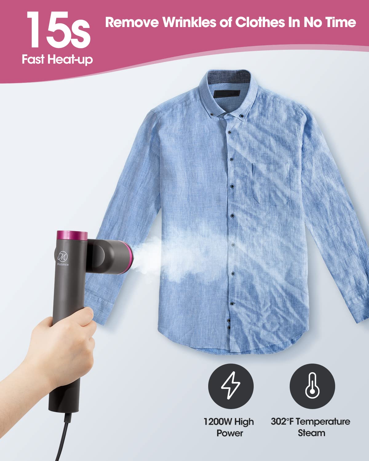 Mistsince Handheld Steamer for clothes,15-Second Heat,15-Min Run Time,2-in-1 mini Iron | Steam,Wrinkle Remover for Clothes,Portable Clothes Travel Steamer for Shirt,Safe Auto Shutoff（100V-140V）