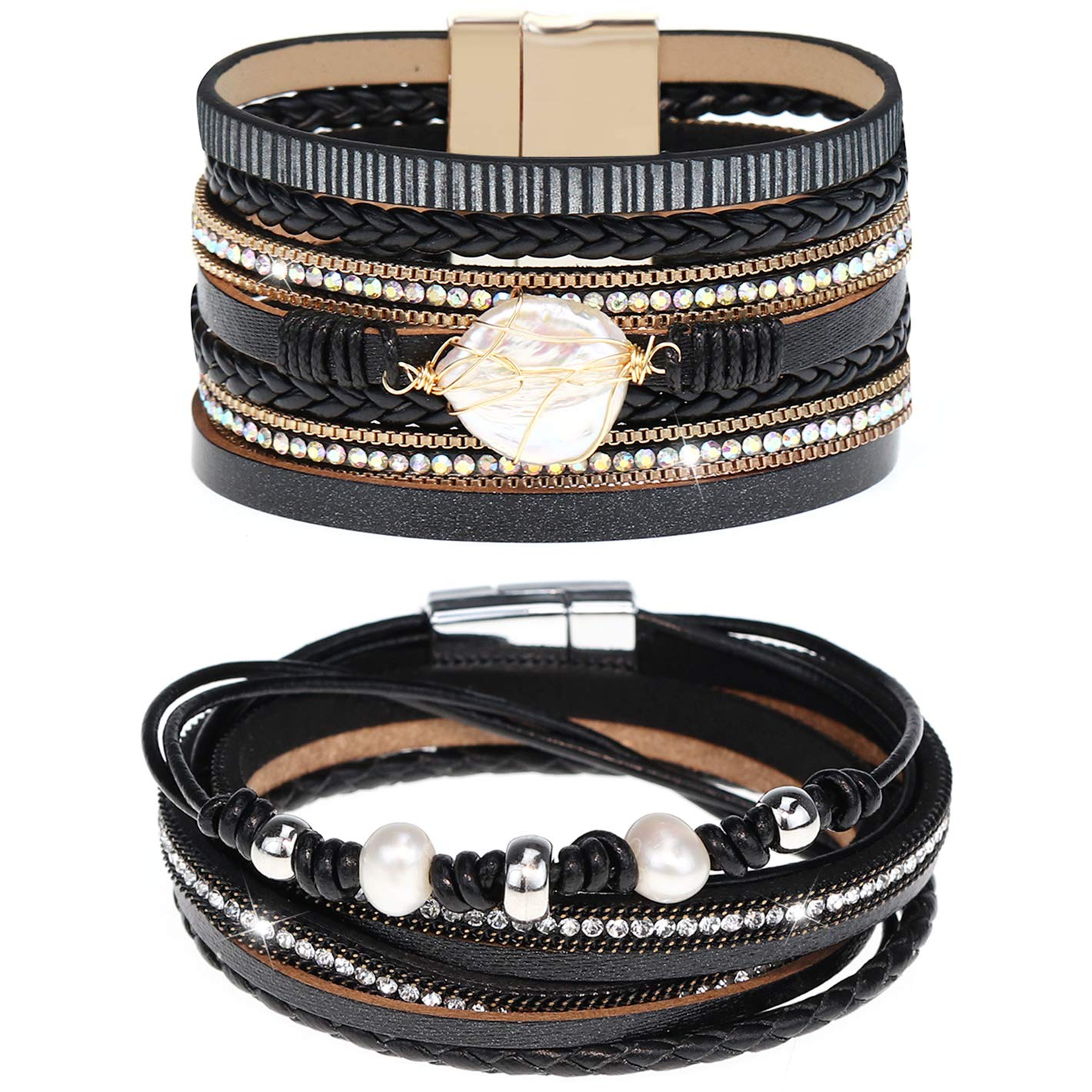Gleamart Black 2 Pieces Multilayer Leather Bracelet Set Beads Wrap Bangles with Magnetic Buckle for Women 04
