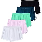 Real Essentials 5 Pack: Girls' Dry-Fit Athletic Dolphin Shorts for Youth Kids Teens Running Gym Sports (Ages 4-16)