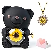 mountova Gifts for Women Birthday Valentines Day, Lucky Sunflower Bear with Necklace & Gift Box for Mom Daughter Sister, Anniversary Wedding Gift for Wife Girlfriend, Surprise Jewelry Box, Black