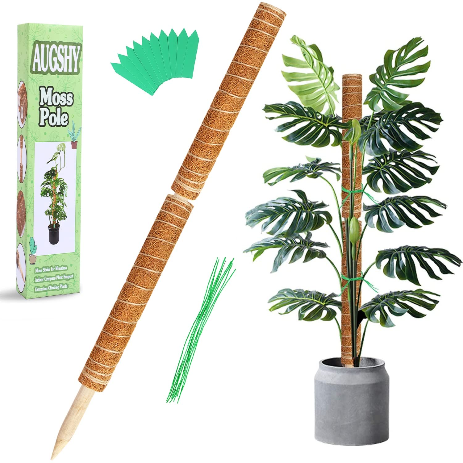 Augshy 2 Pcs 16 Inches Coir Totem Pole Plant Totem Moss Sticks for Indoor Plants Climbing, Creepers, with 10 Pcs Plant Labels and 10 Pcs Twist Ties