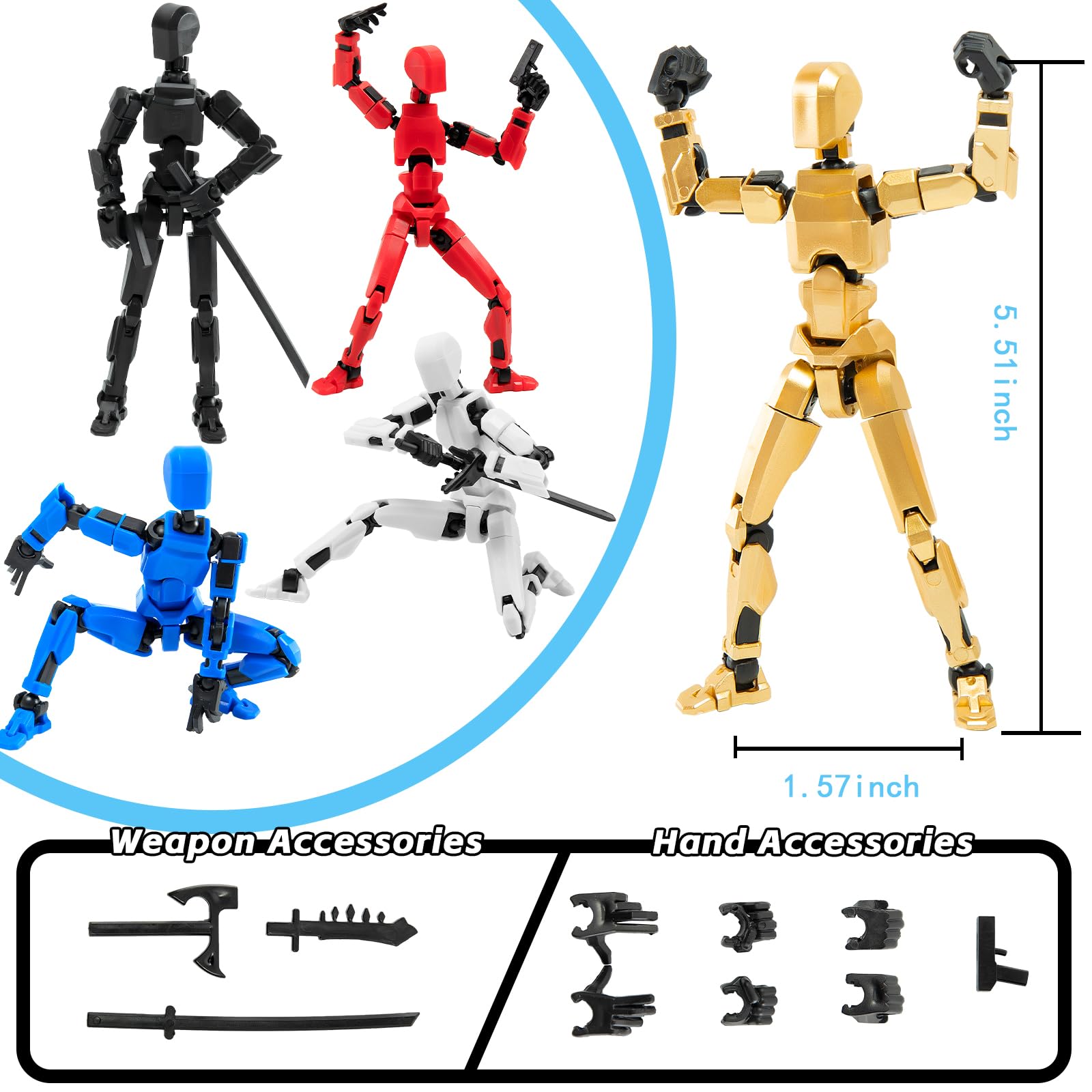 4Pack Assembled Titan T-13 Action Figures Set - Lucky Dummy Nova 13 Action Figure Robot Anime Stick Figures Fidget Toys for Boys Multi Movable Joints Gifts Toys for Kids (Golden+White+Blue+Red)