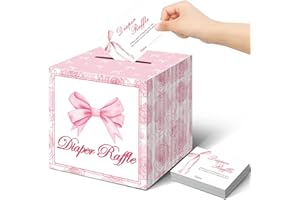 Mecholey 51Pcs Diaper Raffle Box and Diaper Raffle Tickets, Pink Bow Baby Shower Decorations for Girl，Hilarious Baby Shower Games for Girl