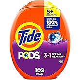 Tide PODS laundry detergent pacs, 3-in-1 Stain Remover, Odor Fighter, Color Protector, 102 Count, HE compatible, Spring Meadow Scent