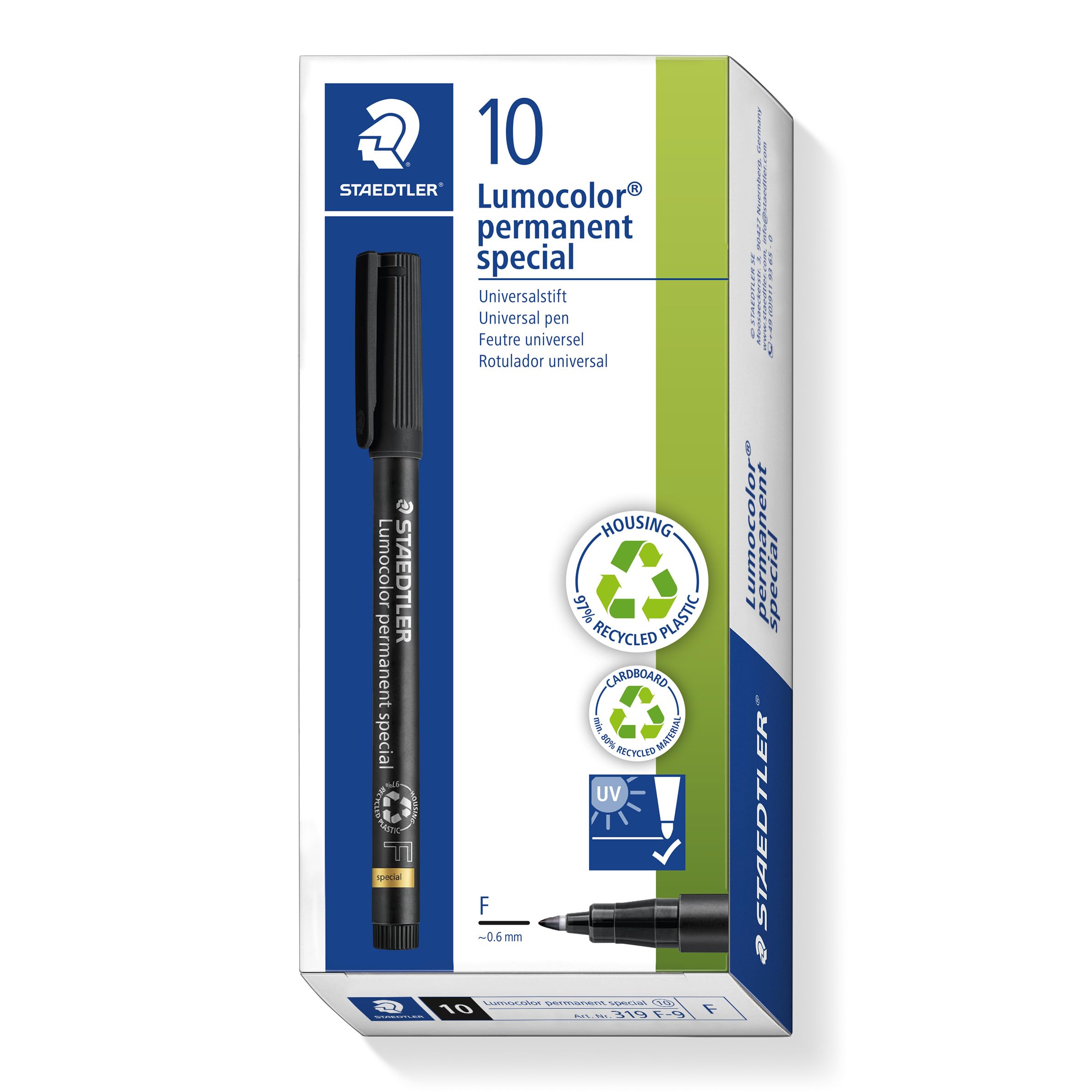 STAEDTLER 319 F-9 Lumocolor Special Permanent Marker, Medium 0.6 mm - Black (Pack of 10)