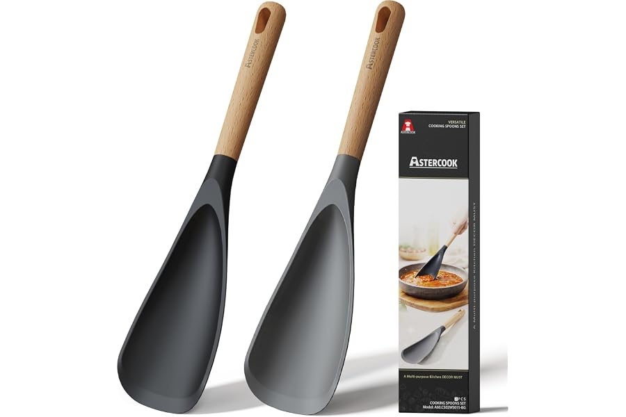 Astercook Cooking Spoon, Nonstick Safe Silicone Spatula with Long Wooden Handles, Heat Resistant, BPA-Free, Built-in Spoon Rest, 2 Pack Spatula Spoon for Stirring, Scooping, Scraping and Serving