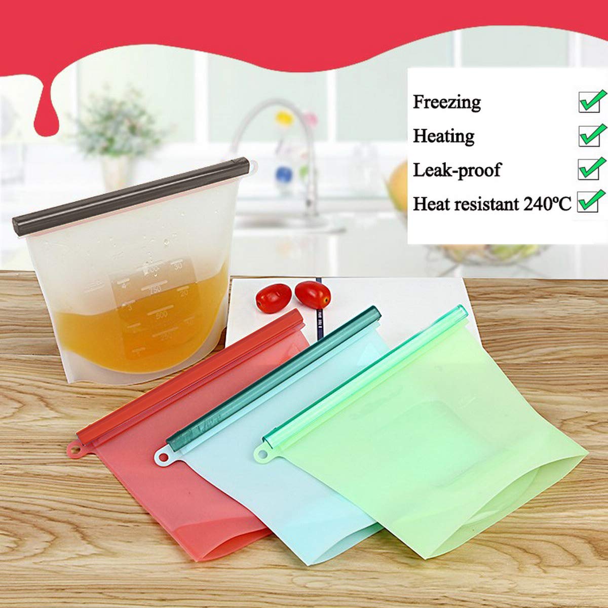 ACMEDE Silicone Fresh Bags Reusable Storage Bags Eco Friendly Airtight Seal Leak-proof Keeps Food Fresh for Freeze, Steam, Boil, Microwave (BPA free) 4 Pack Set 50 OZ