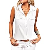 Zeagoo Sleeveless Button Down Shirt for Women Casual V Neck Blouses Solid Collared Tops Summer Dressy Shirts