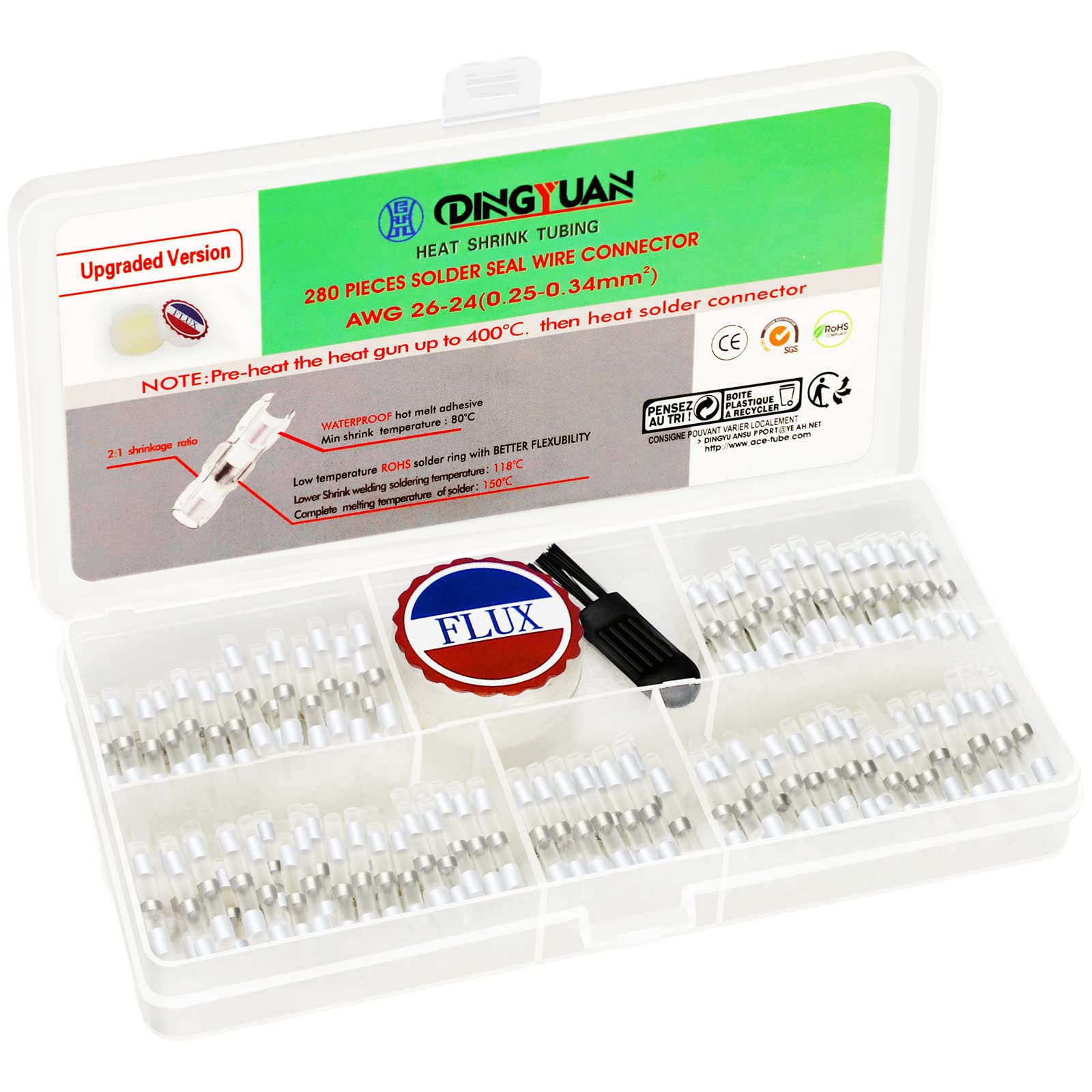 DINGYUAN 280PCS Heat Shrink Solder Seal Wire Connectors Kit with Solder Paste, Low-melting-point & Lead-free Solder Waterproof Electrical Insulated Butt Connector Splice Terminals for Marine(AWG26-24)