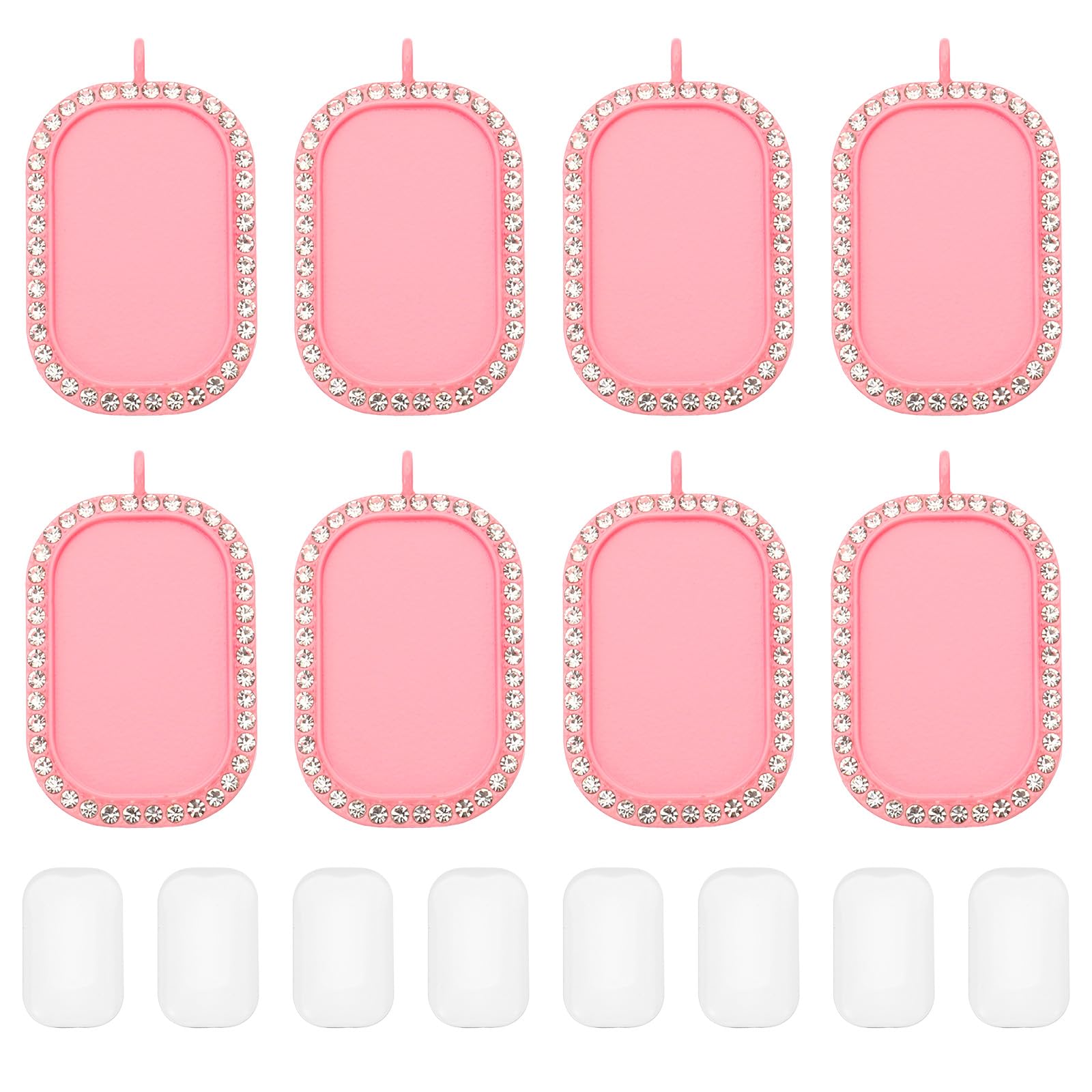 PATIKIL 1" Blank Picture Pendants, 8Pcs Metal Rectangle Rhinestone Bezel Pendant Trays with 8Pcs Glass Discs for Photo Pendants DIY Crafts Making, Pink