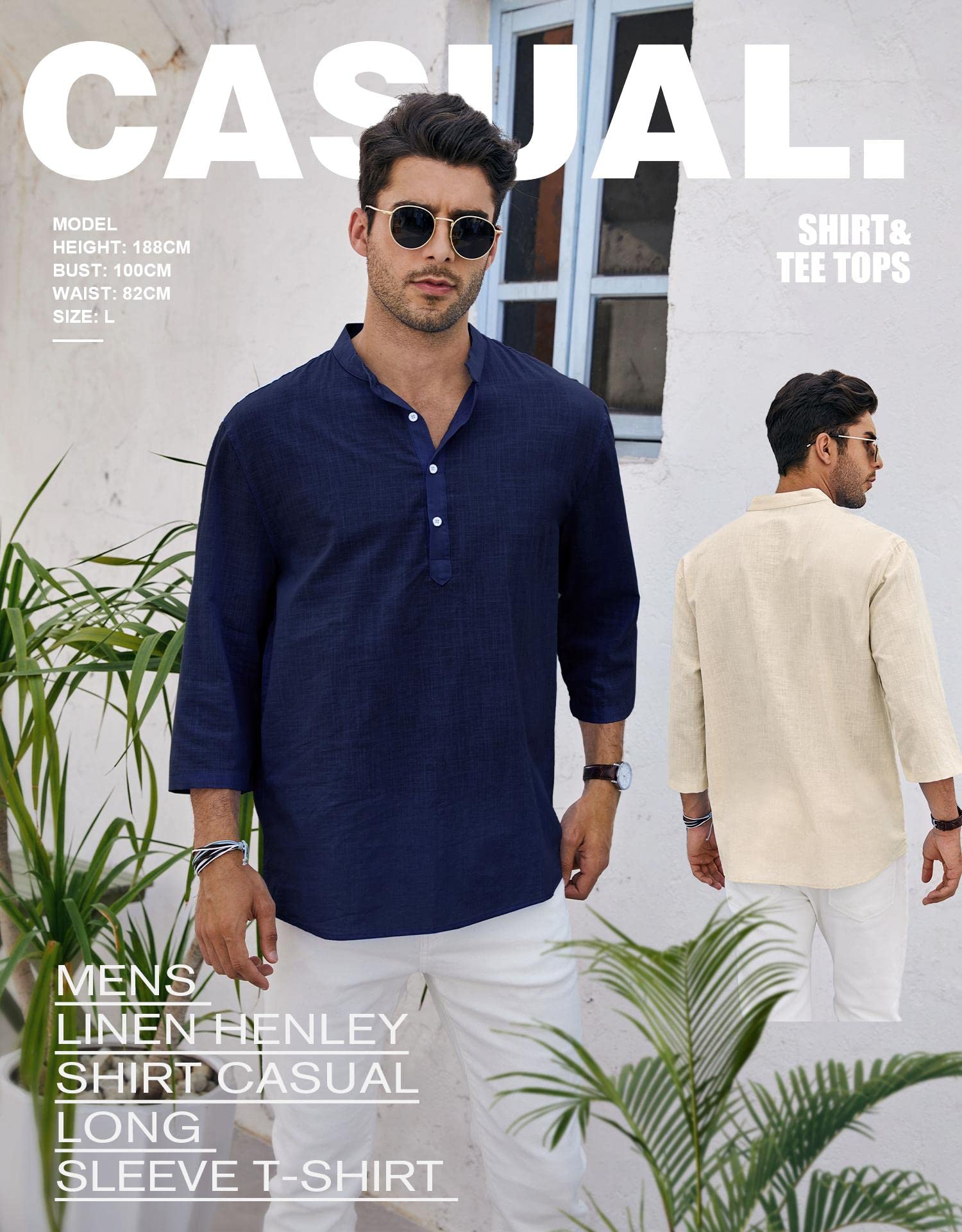 Ryannology Mens Linen Shirts Casual Cotton 3/4 Sleeve Regular-Fit Henley T-Shirt Summer Lightweight Beach Yoga Tops