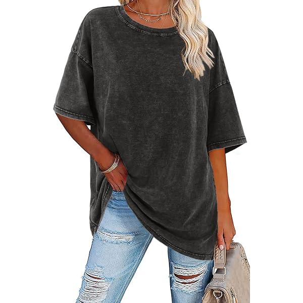 Remidoo Women's Oversized Graphic T-Shirt - Rainbow Sun & Moon Print, 99% Cotton Short Sleeve Tee | Blue Grey - View #7