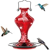 Glass Hummingbird Feeder for Outdoors Hanging, Bird Nectar Feeder with Perch & 5 Flower Feeding Ports, 20 Oz Leak Proof for Outside Garden Decor Backyard, Gifts for Women Mom, Red