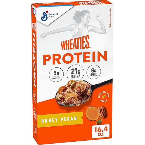 WHEATIES PROTEIN BREAKFAST CEREAL, HONEY PECAN, 21G PROTEIN, BREAKFAST OF CHAMPIONS, 16.4 OZ
