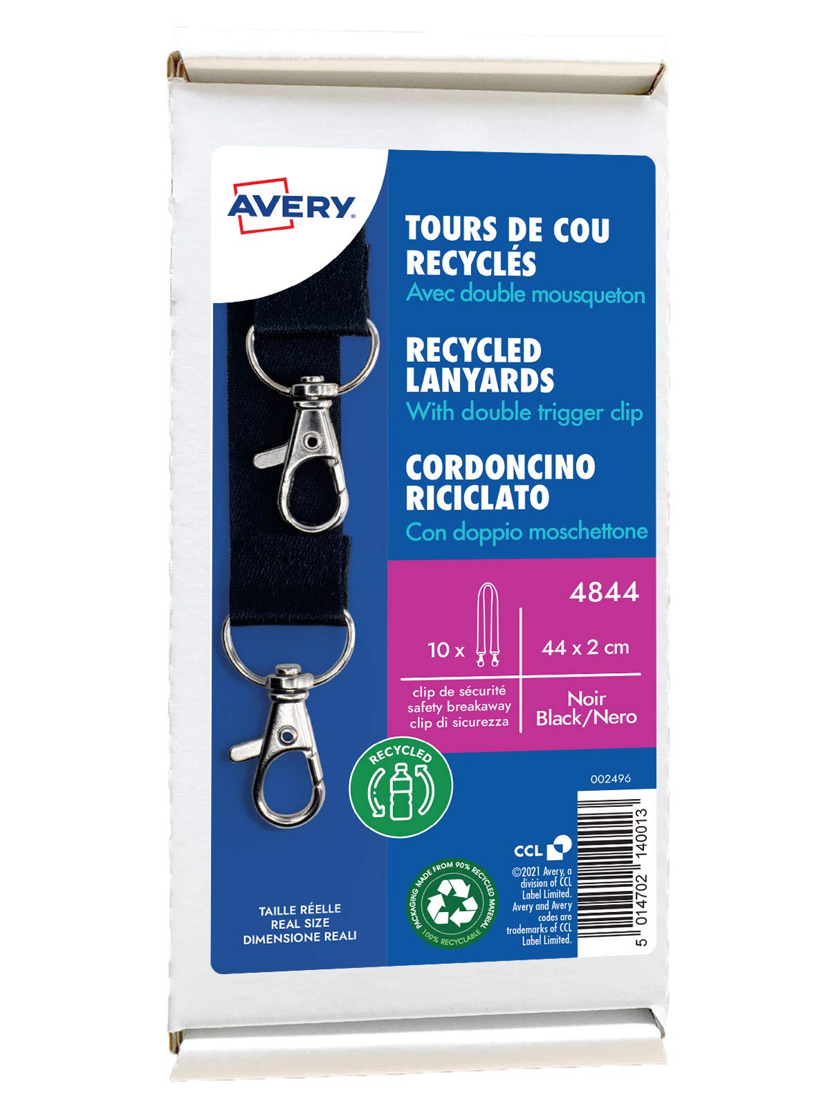 AVERY Zweckform 4844 Lanyard Pack of 10 (44 x 2 cm, Lanyard, Card Holder with Double Carabiner Hook Safety Clasp, for ID Cover, Card Case, Name Tags, Neck Strap) Black