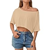 JDEEO Women's Sheer Mesh Off Shoulder Crop Top See Through Short Sleeve Loose Fit Summer Tee Shirt for Beach Cover up