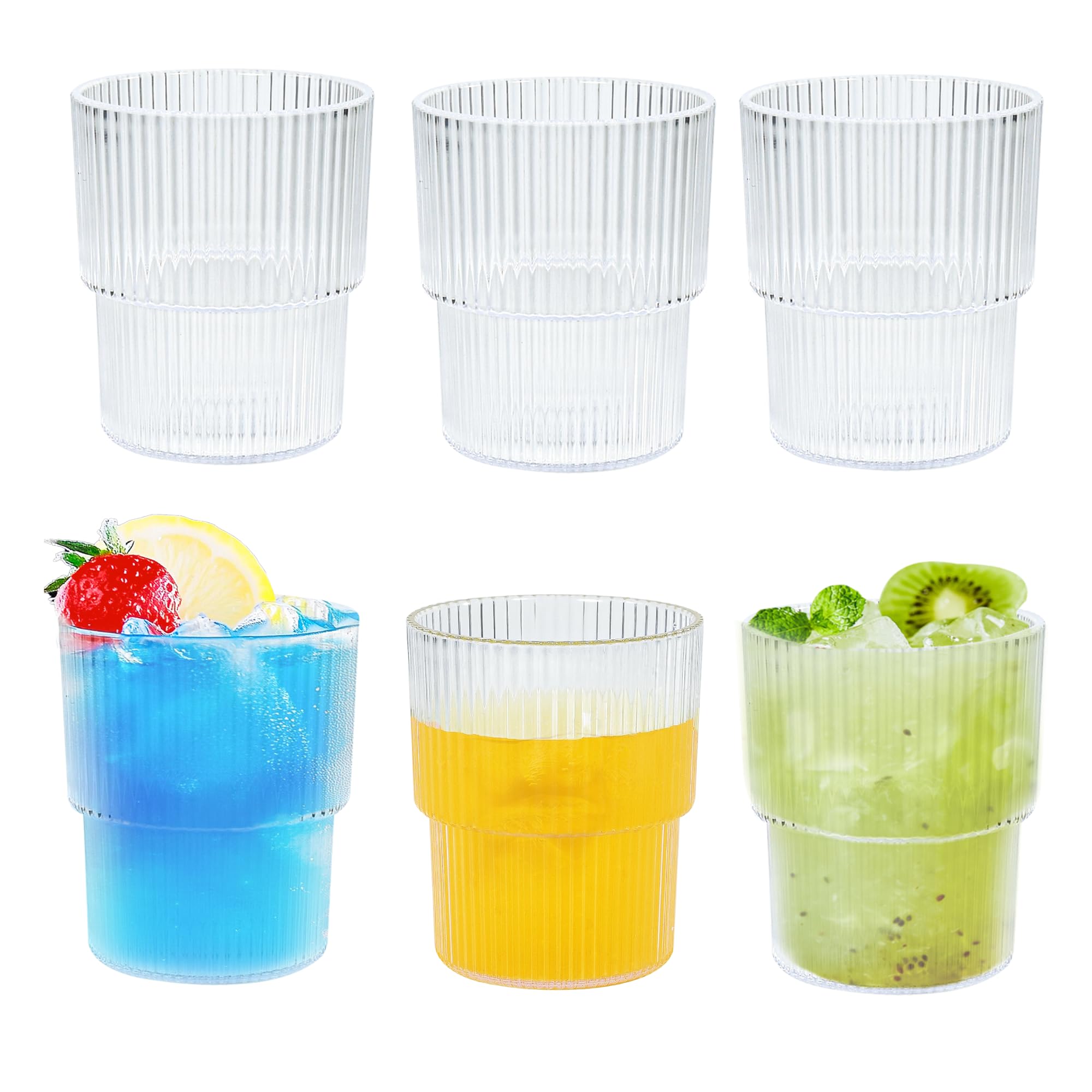 Photo 1 of Icesip 12 oz Plastic Drinking Glasses Set of 6, Reusable Unbreakable Ribbed Glassware, Shatterproof Stackable Ribbed Glasses, Vintage Acrylic Glassware for Tea,Juice, Water, Dishwasher Safe