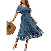 Glamaker Women's Short Sleeve Smocked Square Neck A Line Summer Flowy Maxi Long Dress