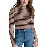 Zengjo Striped Turtleneck Women Long Sleeve Shirt - Fitted Ribbed Mock Neck Basic Layering Undershirt