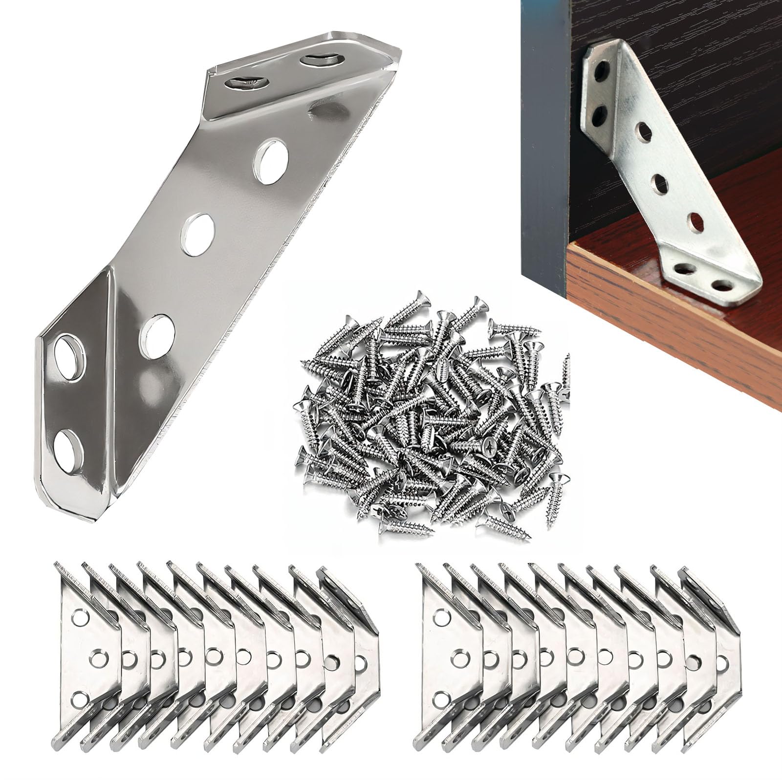 30 Pcs Stainless Steel Corner Connector, Corner Brackets for Wood, Universal Furniture Corner Bracket, Triangle Support Frame Angle Fastener Connector for Shelf Cabinet Table Chair, with 210 Screws