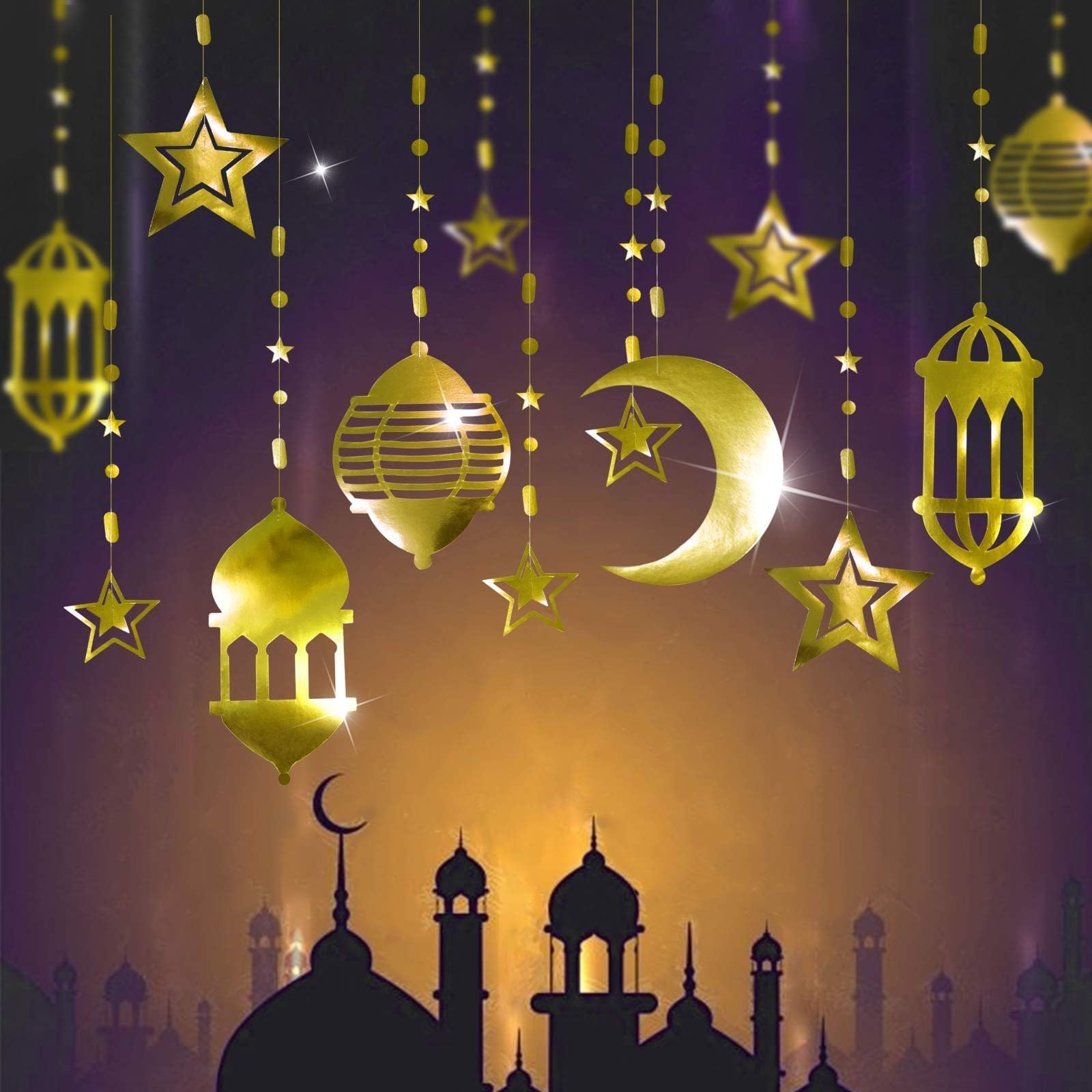 Photo 1 of Cheerland Gold Star Moon Lantern Garland Mawlid Moroccan Party Decoration Ramadan Streamers for Arabian Nights Ramadan Mubarak Eid Party Decor Hanging Lesser Bairam Islam Celestial Banner Pack of 16
