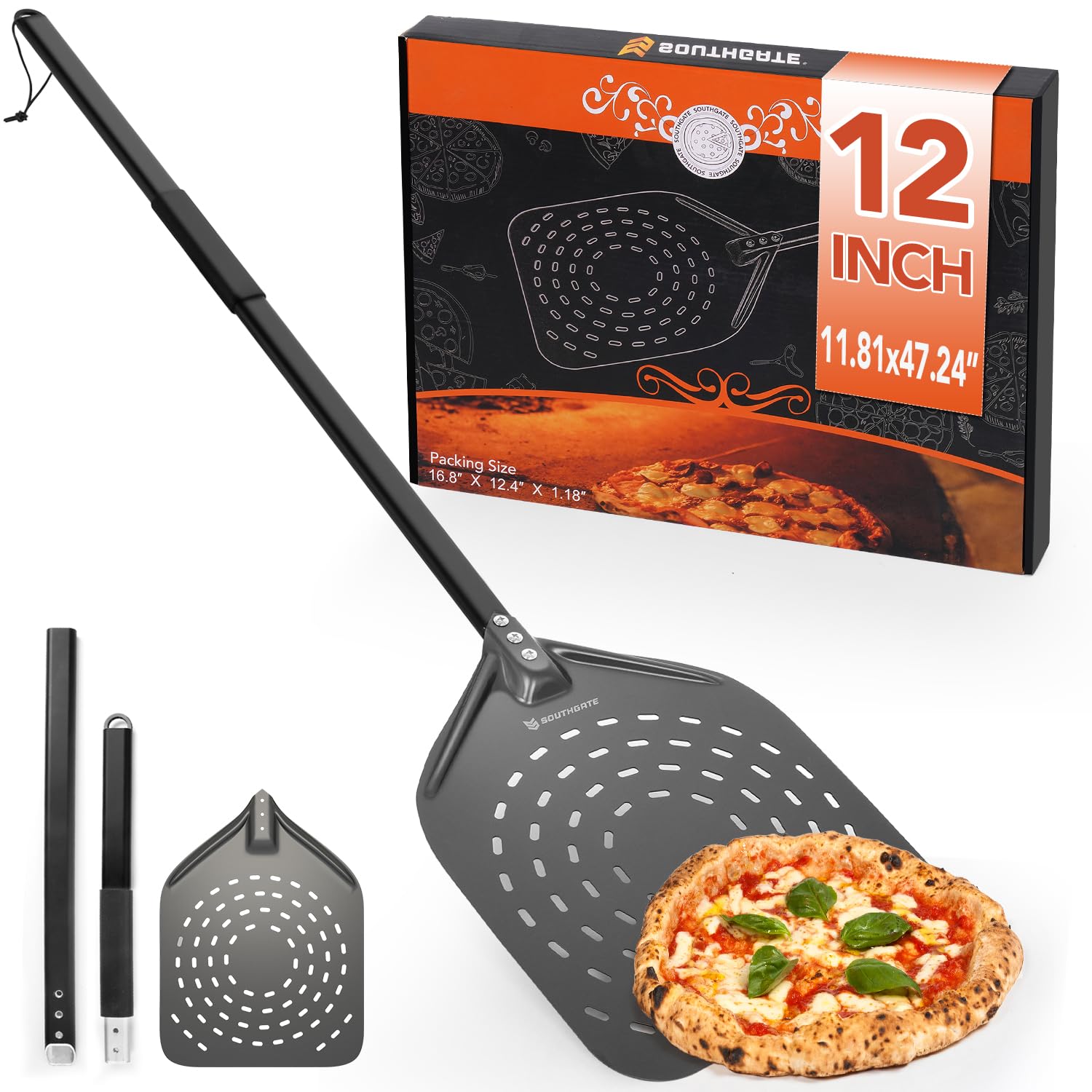 SOUTHGATE Long Perforated Pizza Peel, 12 Inch Perforated Pizza Paddle with Detachable Silicone 47.2" (120 cm) Extendable Handle, Hard Anodized Aluminum Pizza Shovel for Ovens
