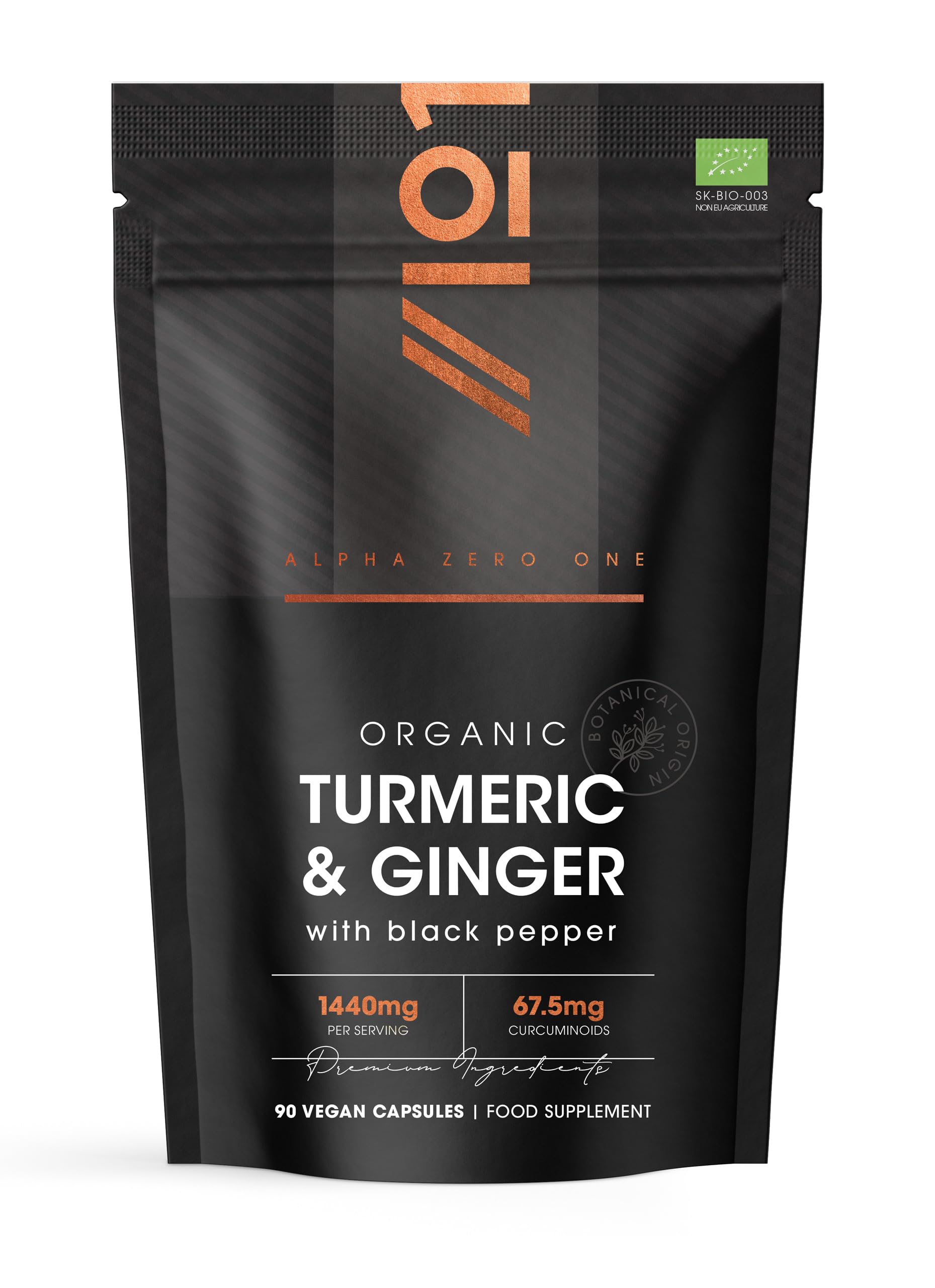 Organic Turmeric 1440mg with Ginger & Black Pepper - High Strength Curcuminoids - 90 Vegan Capsules - Resealable and Recyclable Pouch - By Alpha01