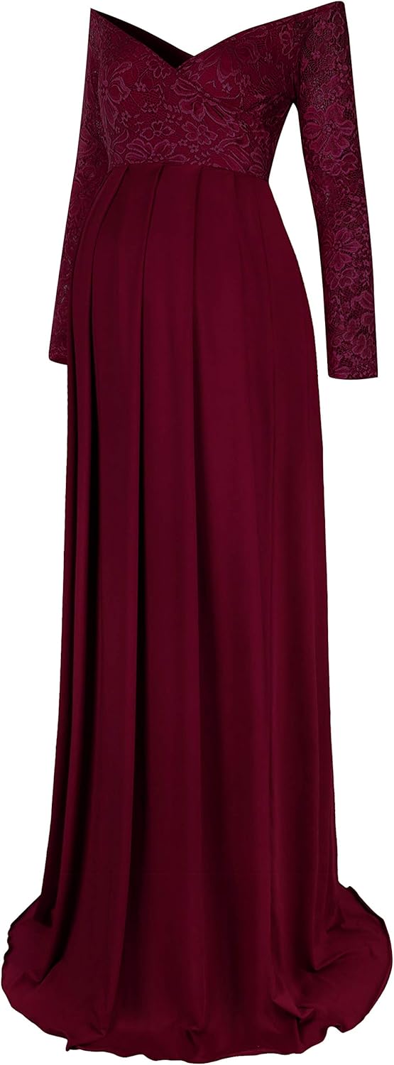 Molliya Maternity Long Dress Lace Sleeve Off Shoulder Maxi Gown Stretchy Baby Shower Photography Dress at  Women’s Clothing store