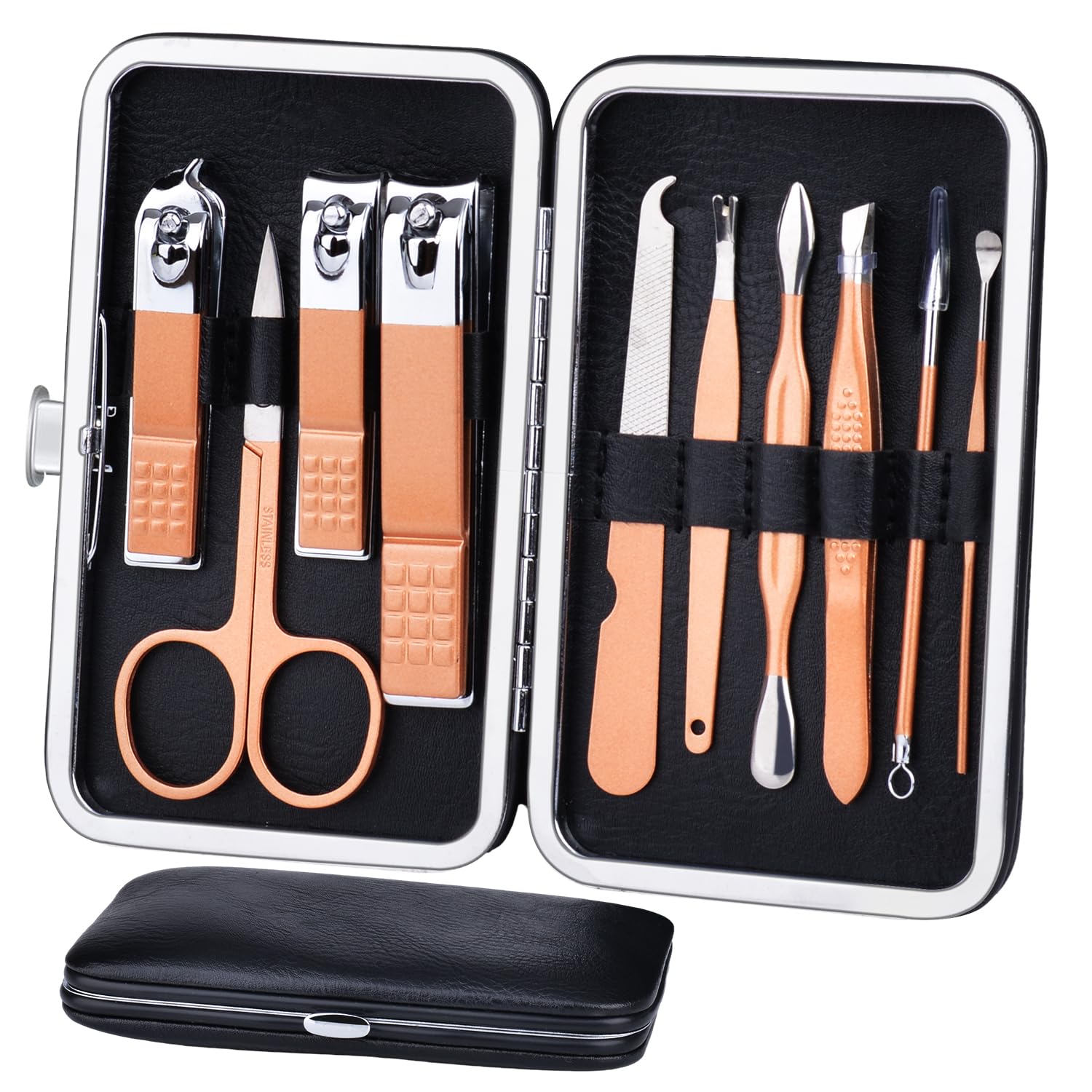 Photo 1 of HANTEKAS Manicure Set 10 in 1 Stainless Steel, Nail Clippers Scissors Pedicure Tools Kit - Portable Travel Grooming Kit for Men and Women with Leather Case (Rose gold)