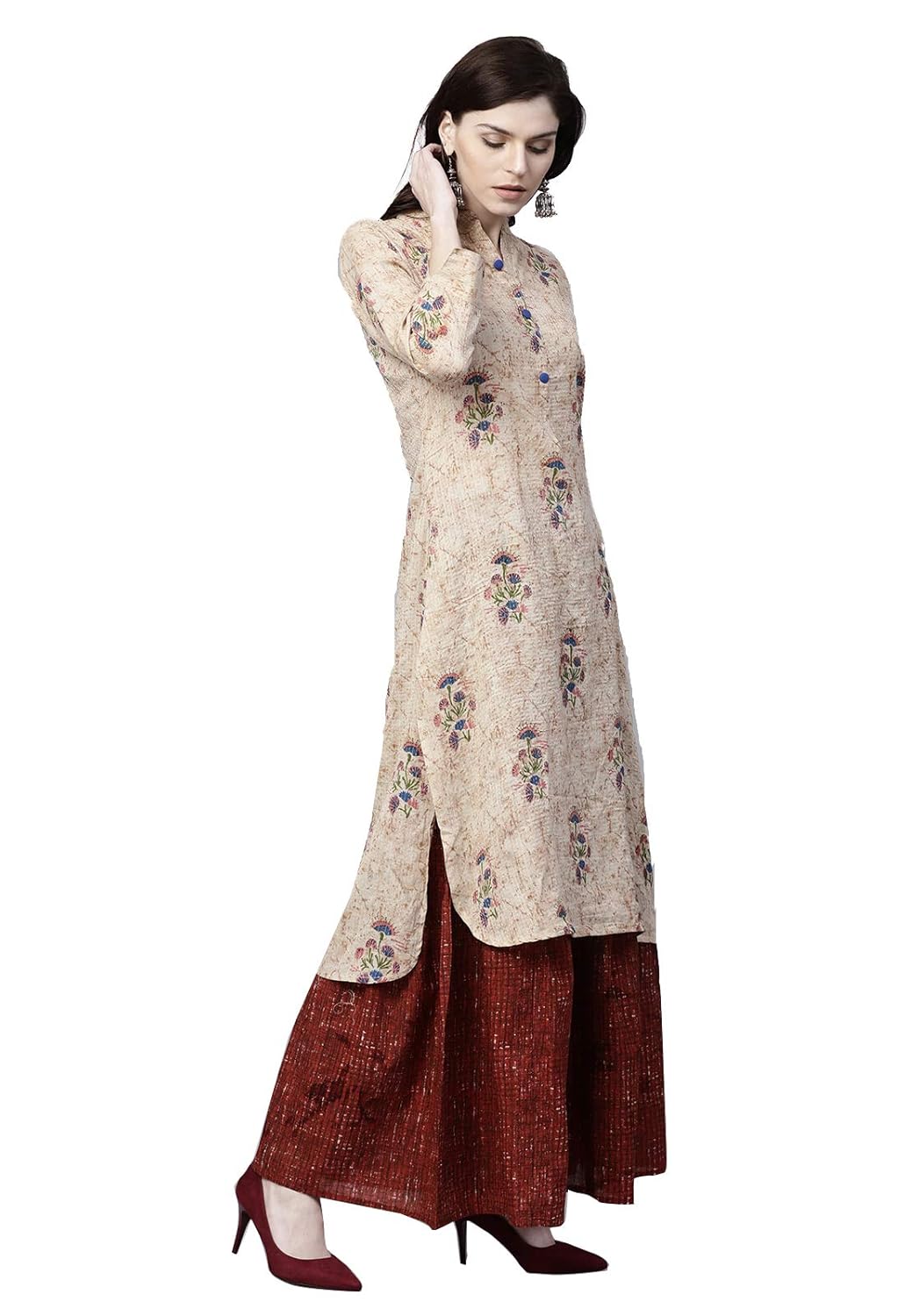 ishin women's cotton beige printed a-line kurta palazzo sets