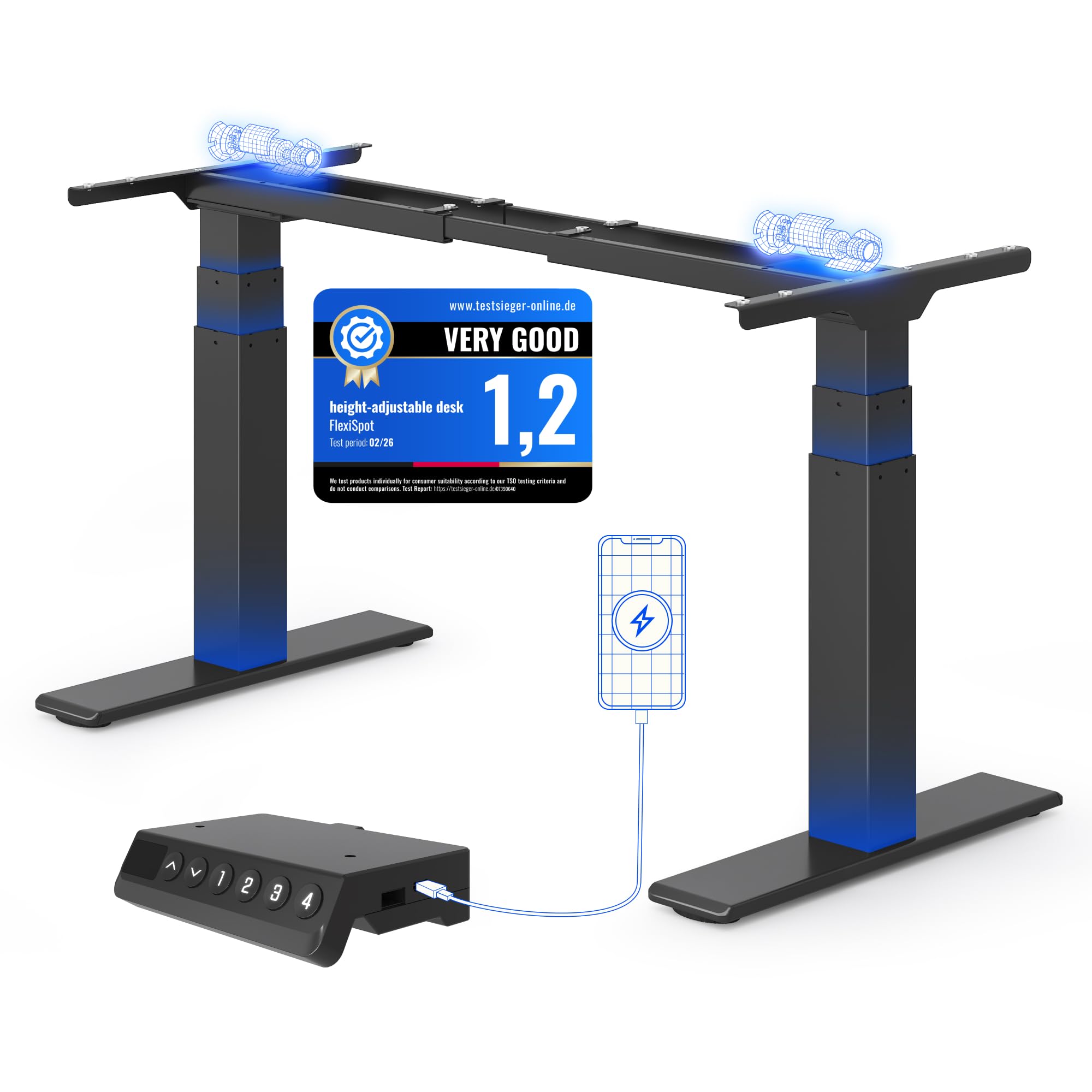 FLEXISPOT Höhenverstellbarer Schreibtisch Gestell, elektrisch mit 2 Motoren, 3-stufiges Tischgestell höhenverstellbar mit 4 Memory-Steuerung & USB, Belastbar bis 200 KG (ValtreX E200, Schwarz)