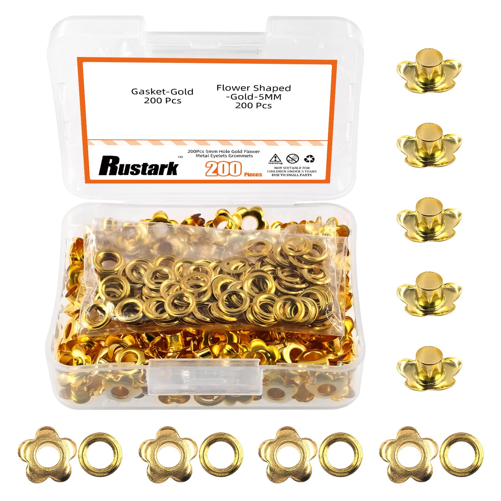 Rustark 200Pcs 5mm Gold Flower Eyelet Grommets Assortment Kit Floral Metal Eyelets Grommets Flower Shaped Craft Eyelets Findings for Shoes Clothes Leather DIY Craft
