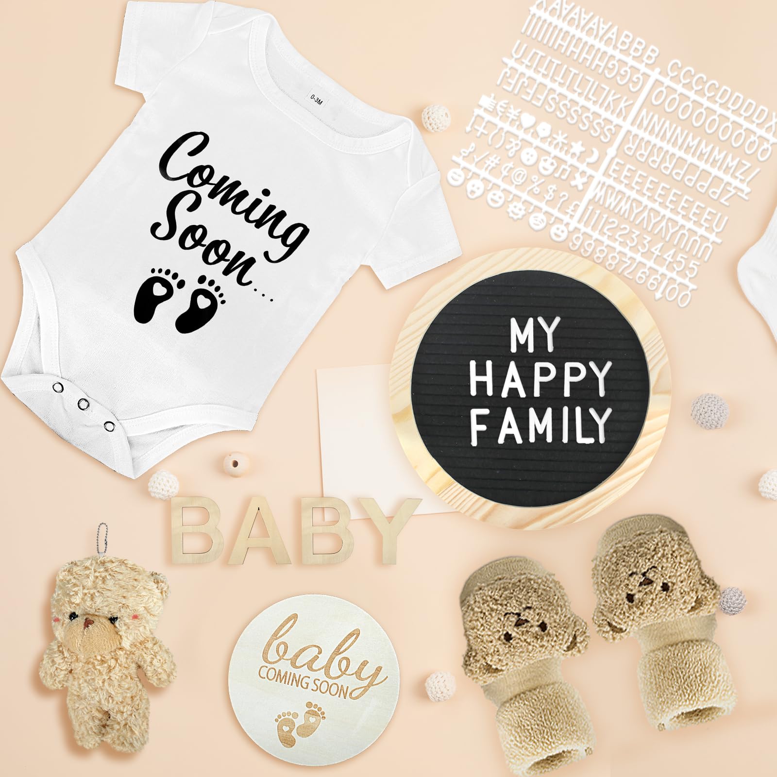 Pregnancy Announcements Set - Reveal Ideas Include Felt Letter Board Kit, Bodysuit, Socks, Wood Letters, Bear Plush, Blocks for Coming Soon Baby Announcement