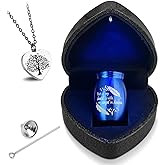 INRPDOM Small Urns for Human Ashes Keepsake with Heart Box w/Light - Memorial Urn Set with Urn Necklace, Funnel, and Velvet Case - Mini Urn for Ashes of Loved Ones (Blue)