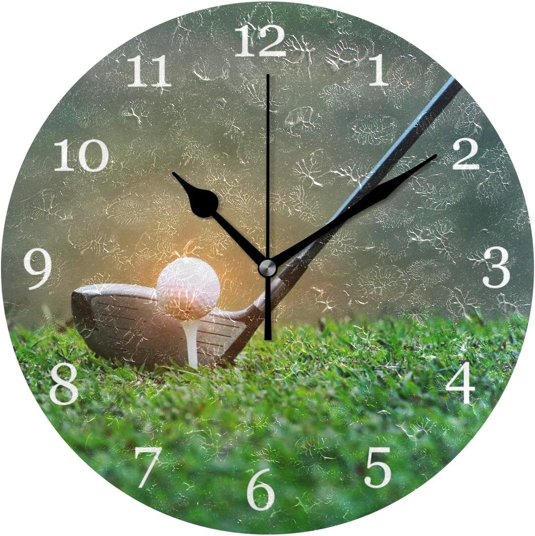 KUWT Sport Golf Ball Club Wall Clock Silent Non-Ticking 9.5 Inch Round Clock Acrylic Art Painting Home Office School Decor