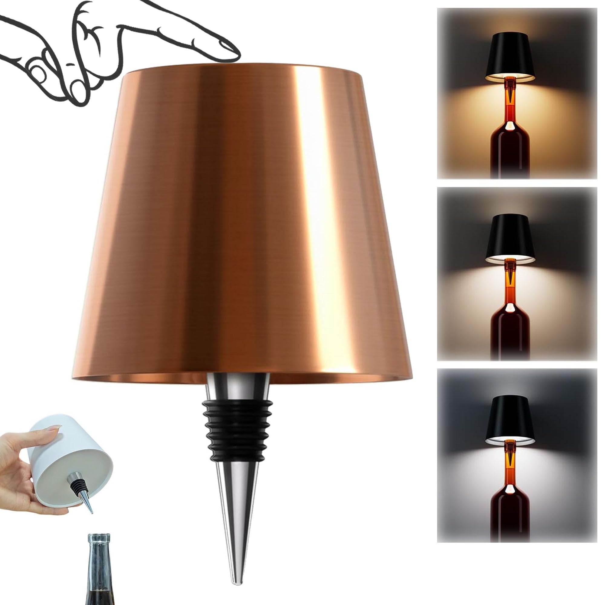 AIMARS Wireless Bottle Lamp, 3 Color Stepless Dimming LED Rechargeable Touch Control Lampshade for Bedroom, Restaurant, Bar (Rose Gold, 1-Pack)