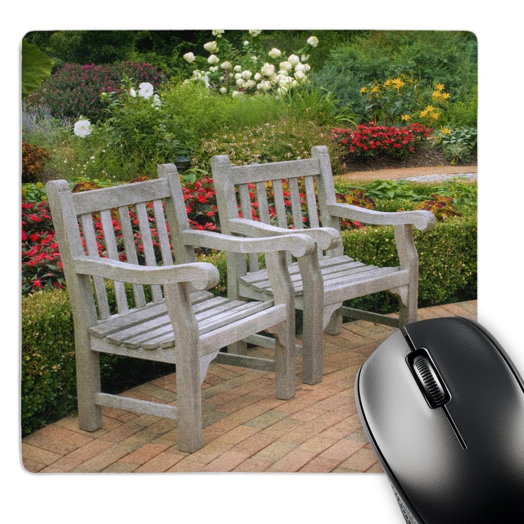 3dRose mp_83512_1 8 x 8-Inch Empty Wooden Chairs Along a Garden Path - Na01 Rkl0011 - Raymond Klass Mouse Pad