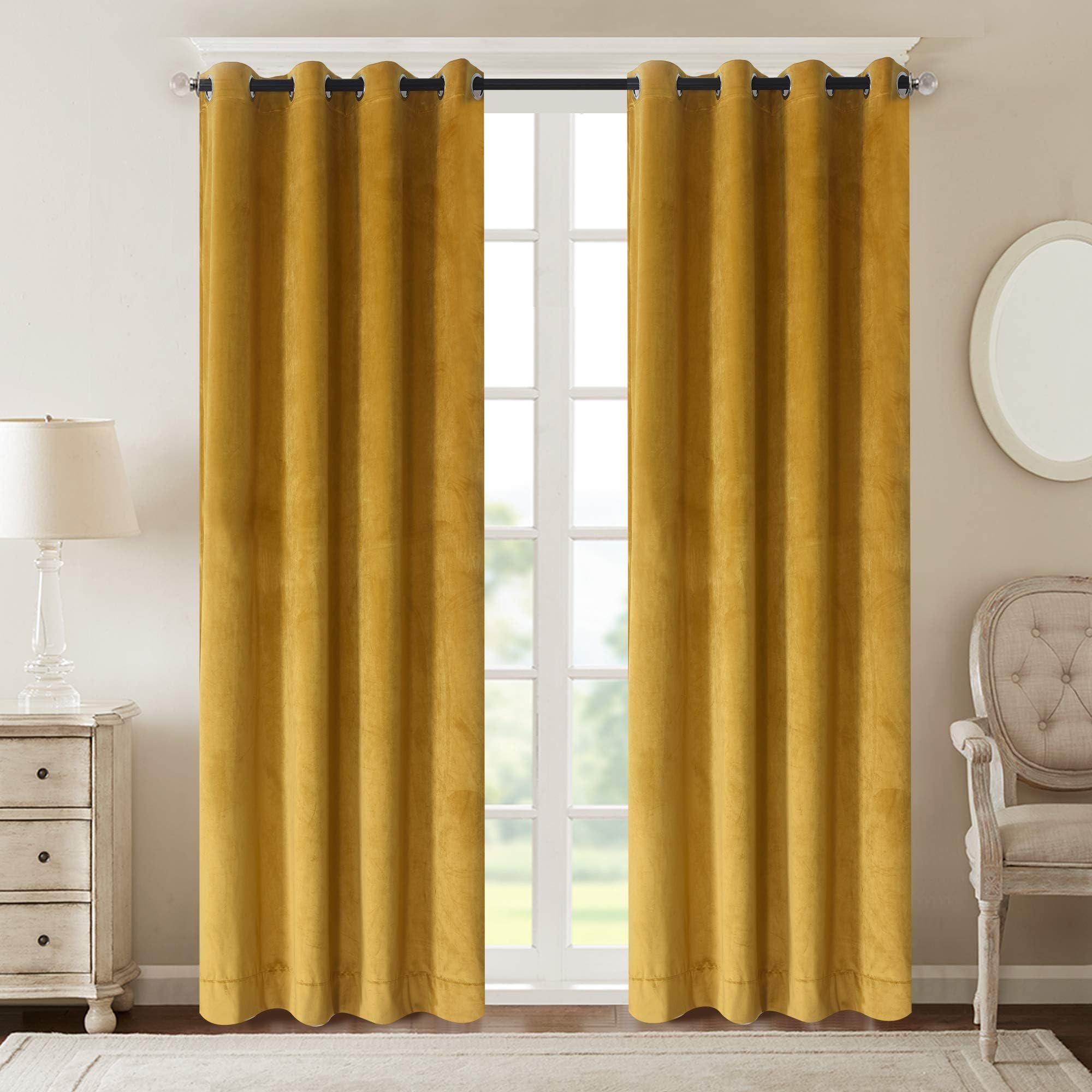 Roslyn home Velvet Curtains Room Darkening Grommet Top Window Curtain Panel Pair Drapes Yellow for Bedroom 50Wx84L(2 Panels) Custom Drapery