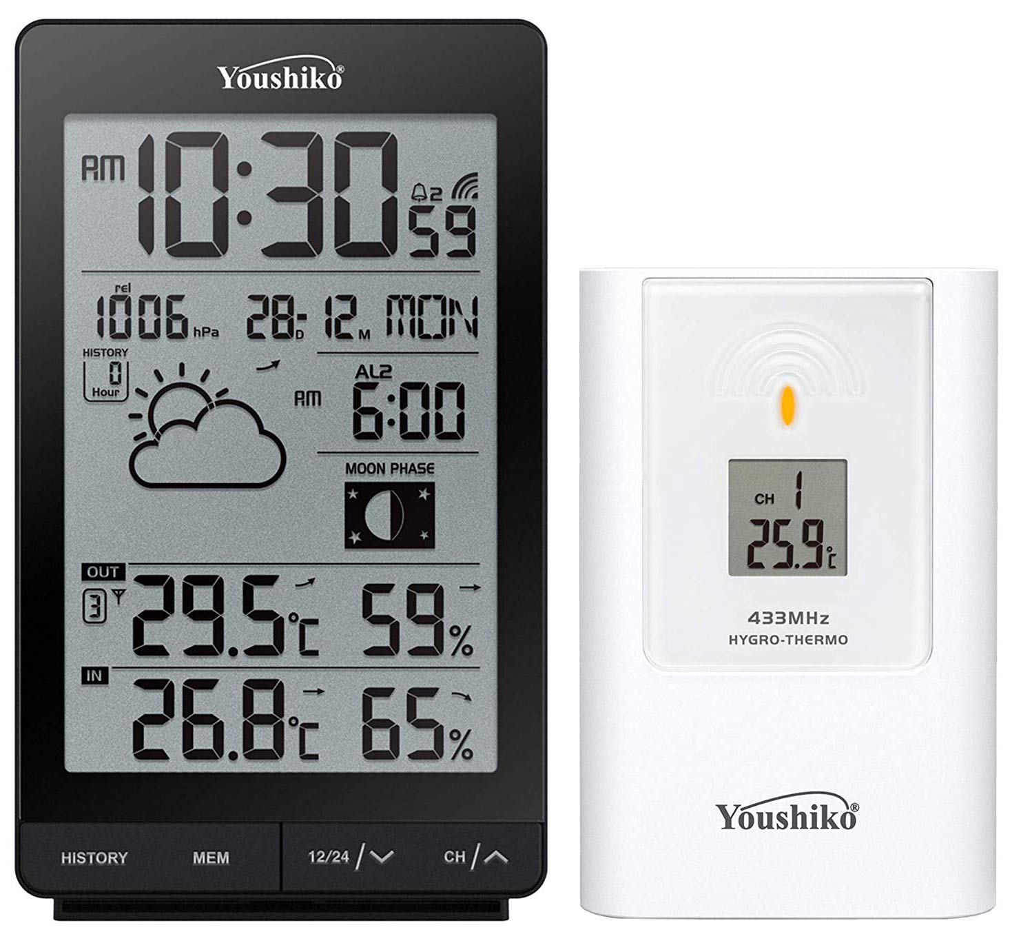 Youshiko Wireless Weather Station, (Official 2025 UK Version/Premium Quality/Clear Display) with Radio Controlled Clock Indoor Outdoor Temperature Thermometer, Humidity Barometric pressure