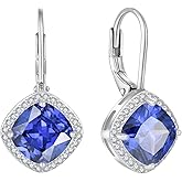 Lwsary Square Princess Cut Dangle Drop Earrings 925 Sterling Silver Halo Solitaire Leverback Earrings Birthstone Jewelry for Women