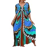 Bsubseach Kaftan Dresses for Women V Neck Butterfly Print Plus Size Batwing Sleeve Caftans Long Bathing Suit Cover Up